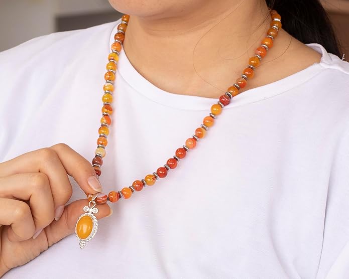 Natural Carnelian Agate Silver Pendant, Genuine Black Onyx Beaded Necklace, Gemstone Strong Necklace, 18x13 Cabachon, Fashion Dainty Jewelry, Healing Crystal Chakra Necklace, Minimalist Necklace