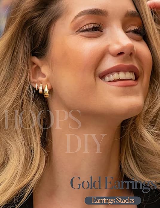 LOLIAS Small 14K Gold Plated Chunky Hoop Earrings for Women Hypoallergenic Silver Earrings Set for Sensitive Ears Non Tarnish Huggie Hoops Earring Stacks for Multiple Piercing Jewelry Lightweight 3Pairs