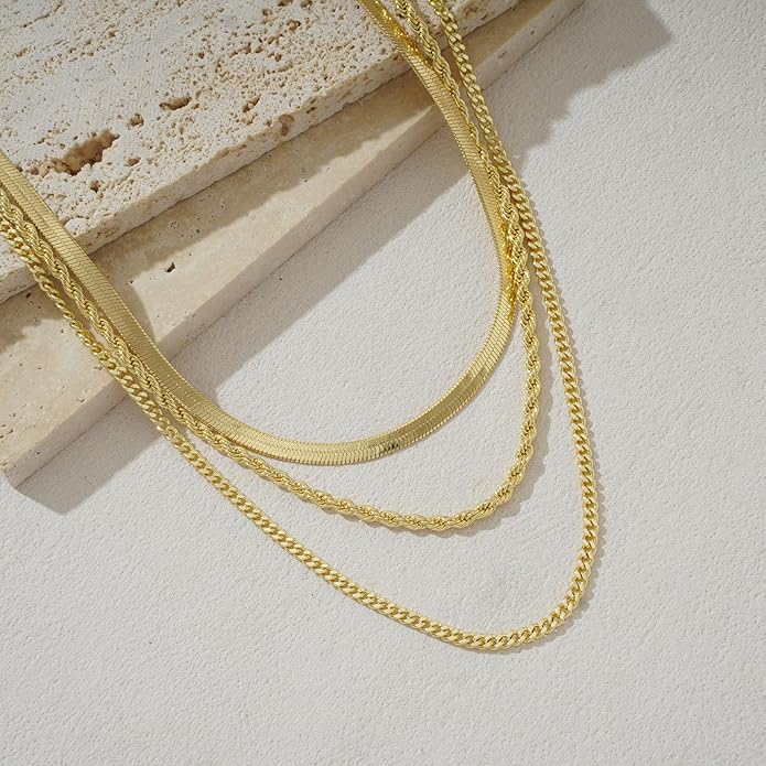 Layered Gold Necklace for Women Dainty 14K Gold/Silver Plated Stacked Necklace for Women Trendy Cuban Paperclip Herringbone Chain Diamond Pendant Necklaces Jewelry Set Accessories Gift