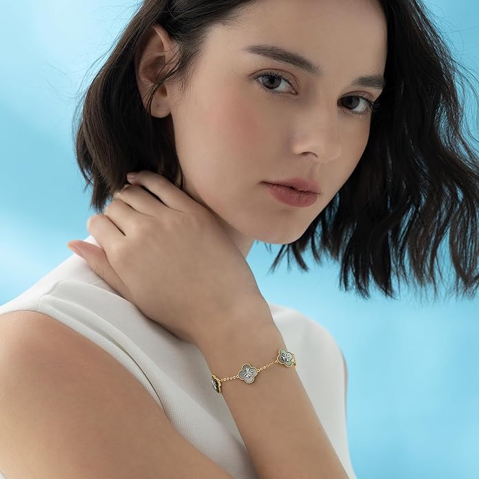 Fydesta 18K Gold Plated Clover Bracelet, Mother of Pearl Four Leaf Flower Bracelet for Women, 6.9" + 2" Adjustable Bracelet, Cross Motif, Gold or Silver Tone