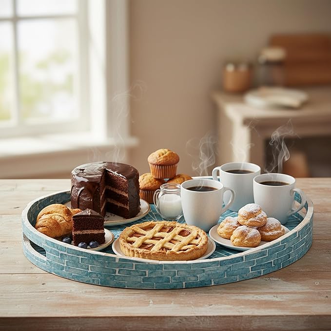 PEMAR 15.7" x 11.8" Oval Capiz Shell Serving Tray, Decorative Ottoman Tray for Living Room, Coffee Table, Breakfast in Bed, Candle Display (Teal Sunlight)