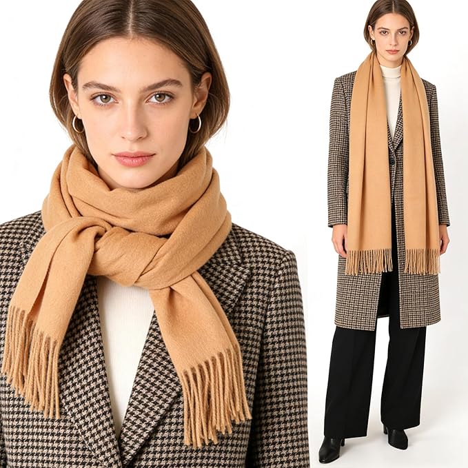 WASALUYA Wool Scarf for Women & Men, 100% Wool Scarves Wrap Shawl with Tassels, Elegant Soft Winter Scarf for Fall and Winter
