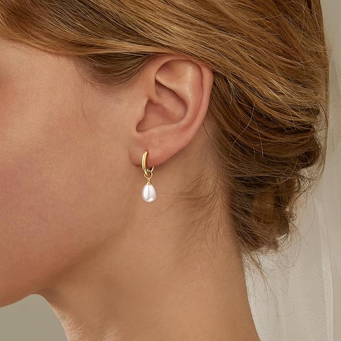 14K Gold Plated Pearl Dangle Earrings for Women, Small Pearl Drop Huggie Hoop Earrings, Hypoallergenic Dainty Gold Wedding Earrings Jewelry Gifts for Women Trendy