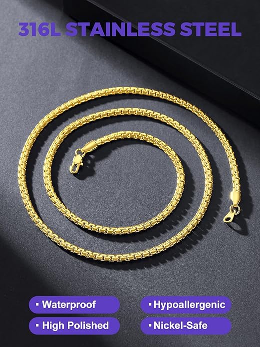 Richsteel Stainless Steel Mens Flat Link Chain Necklace, Black/Gold/Steel Chain for men, 2mm/4mm/6mm Width, No Tarnish & Hypoallergenic Hip Hop Jewelry, 18"-30" Length