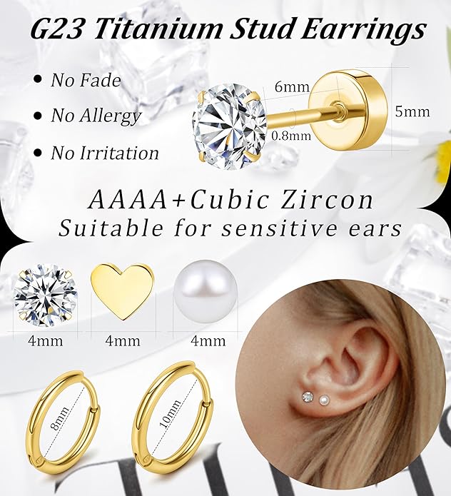MJust Titanium Earrings for Sensitive Ears 20G Hypoallergenic Stud Hoop Earrings for Women Men Opal Ball CZ Heart Pearl Flat Back Earrings Cartilage Earrings Set