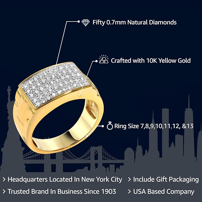 Gem Stone King White Diamond Ring For Men | 10K Yellow Gold | Gold Men's Pave Ring | 0.25 Cttw | Available In Size 7, 8, 9, 10, 11, 12, 13