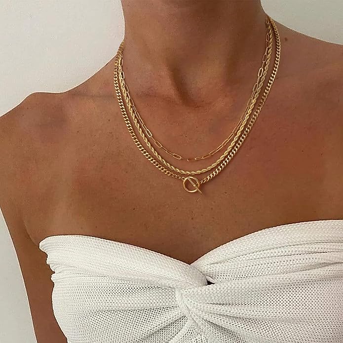 Gold Plated Necklaces for Women - Dainty Layered 14K Gold Plated Stack Paperclip Rope Cuban Toggle Link Chain Choker Necklace Set Chunky Trendy Jewelry Gift