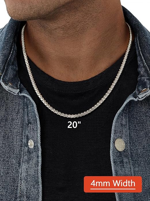 FaithHeart Mens Black/Silver/Gold Stainless Steel Flat Box Link Chain Necklace, Stylish 2/4/6/8mm Width Box Chains Necklaces for Men Non Tarnish Hip Hop Chain Jewelry Gifts,14"-30" Length