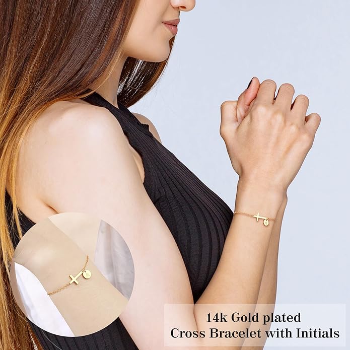 Sotcking Stuffers for Teens, Cross Bracelet for Women Dainty Cross Bracelet with Initials Link Chain Bracelets Christian Gifts for Women Teens Easter Baptism Religious Jewelry