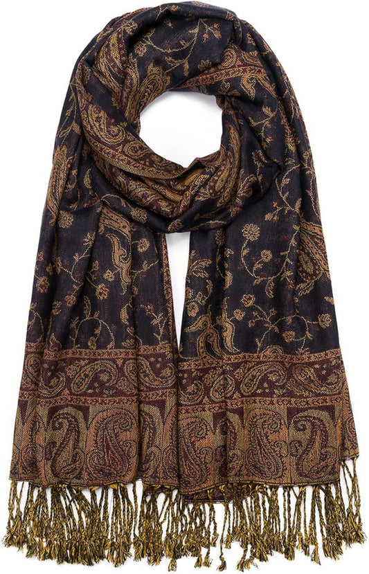 QIUTIMIY Paisley Pashmina Shawl Wrap Women Reversible Vintage Jacquard Pashmina Rave Scarf with Fringe for Evening, Wedding