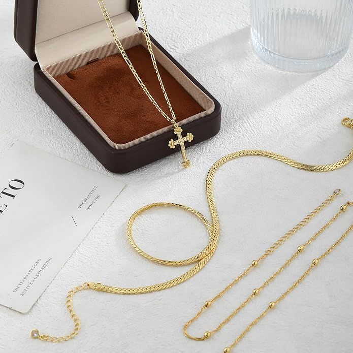 ASCOMY Gold Necklace for Women 14K Gold/Silver Plated Layered Necklaces Stackable Layering Cross Necklace Stacked Coin Pendant Pearl Herringbone Chain Stacking Gold Choker Trendy Jewelry Gift for Her