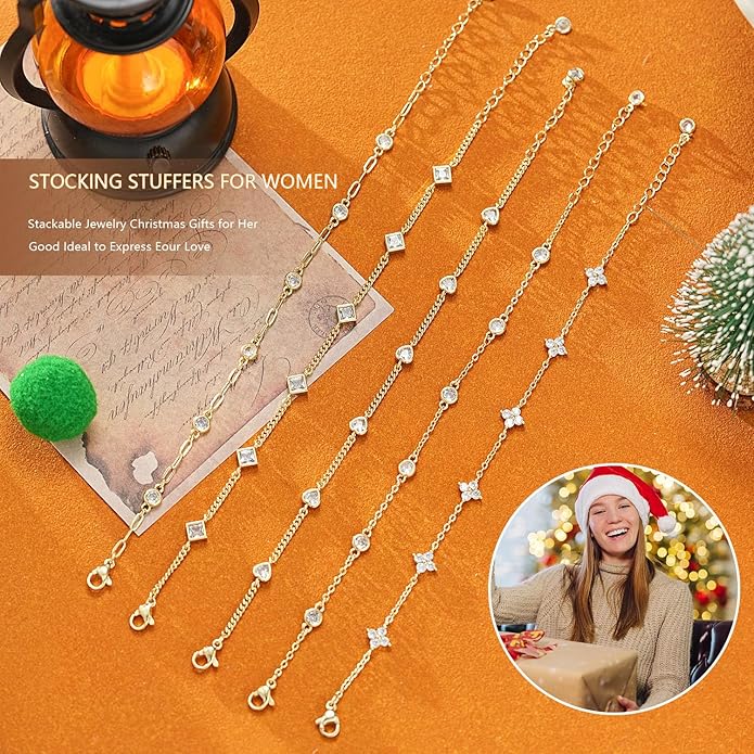 Gold Bracelets for Women,14K Dainty Gold Plated Bracelets Non Tarnish Waterproof Diamond Bracelets Heart Flower Round Square CZ Charm Bracelet Trendy Stuff Jewelry Gifts for Her