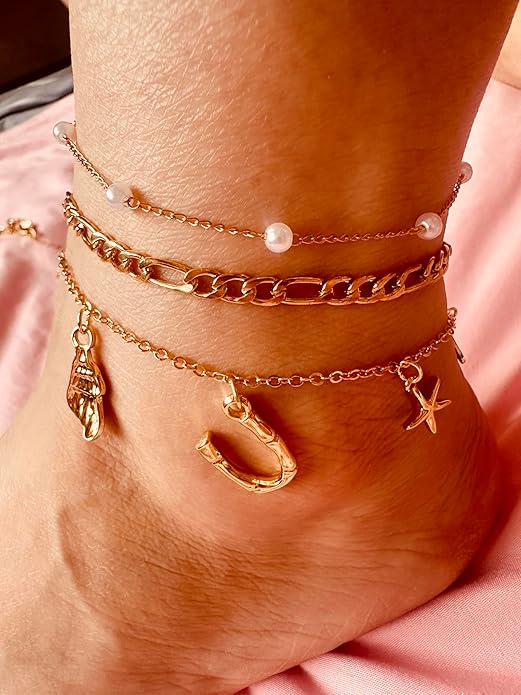 Initial Charm Anklets For Women Shell Letter Anklets Set Gold Charms Pendant Boho Summer Seashell Beach 14k Jewelry for Women Gift