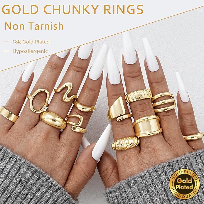 17 MILE Chunky Gold Stackable Rings for Women Non Tarnish, 18K Gold-Plated Statement Open Stacking Rings, Knuckle Band Ring Set