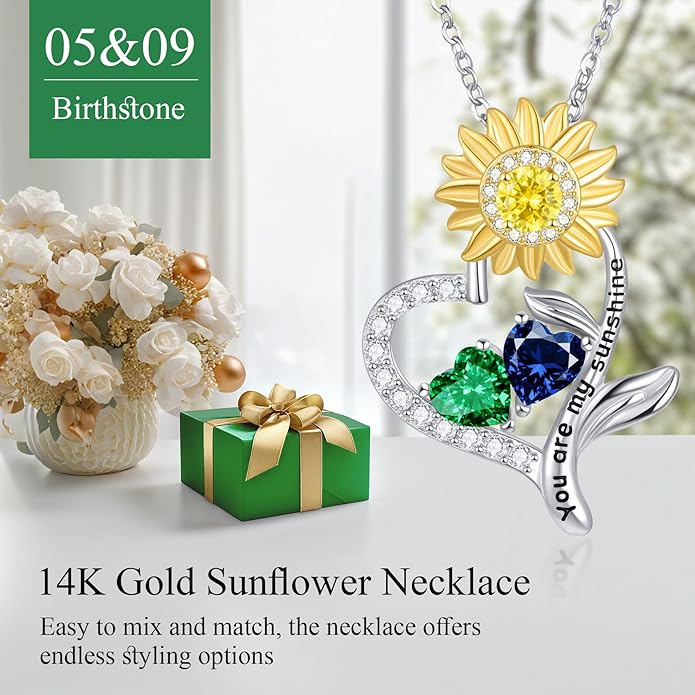 PERJI Valentine's Day Gifts for Women - 925 Sterling Silver Double Birthstone Sunflower Necklace, Anniversary Birthday Jewelry You are My Sunshine Gifts for Wife Couple Girlfriend 18"+2" Non Tarnish