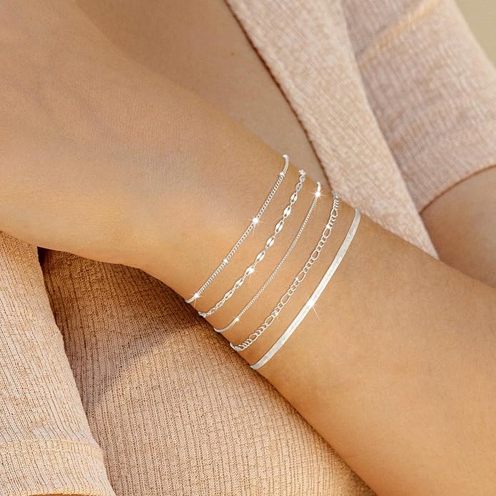 MBW 14K Silver Plated Bracelets for Women, Dainty Silver Bracelets for Women Set Bracelet Stack Waterproof Jewelry for Women Trendy Minimalist Simple Small Thin Bracelet Set for Women Teen Girls Gift