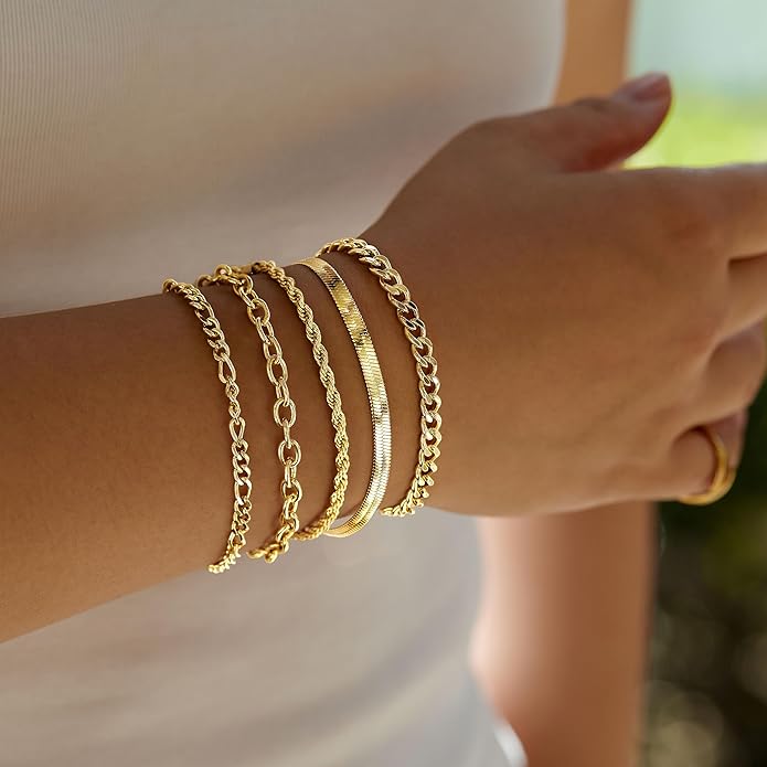 Gold Bracelets for Women Non Tainish,Dainty Bracelets Stack for Women Trendy, Gold Plated Cuff Bracelets Stack With Beaded Cuban Paperclip Snake Rope Bangle Hand Chain Jewelry Gifts for Women