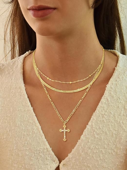 ASCOMY Gold Necklace for Women 14K Gold/Silver Plated Layered Necklaces Stackable Layering Cross Necklace Stacked Coin Pendant Pearl Herringbone Chain Stacking Gold Choker Trendy Jewelry Gift for Her