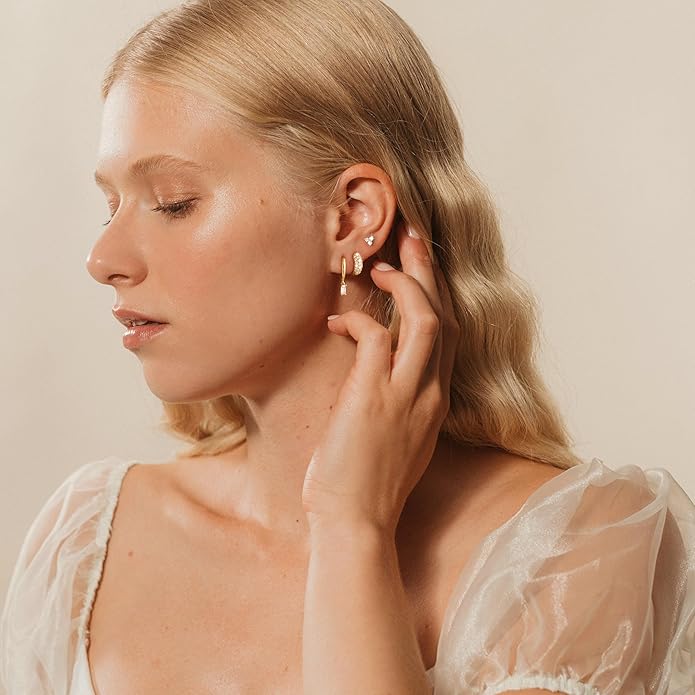 3 Pairs Earrings Set for Multiple Piercings, Gold Plated Studs Hoop Earrings Stack, CZ Dangle Earrings Set, Hypoallergenic for Sensitive Ears, Women's Gift