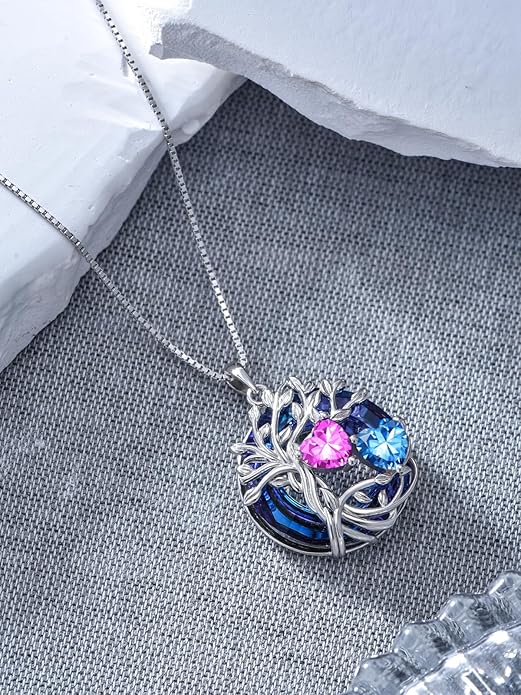 TOUPOP s925 Sterling Silver Family Celtic Tree of Life Pendant Necklaces with 2 Heart Birthstone with Blue Austrian Crystal Jewelry Birthday Anniversary Christmas Gifts for Her Wife Girlfriend Mom (18K Real White Gold Filled)
