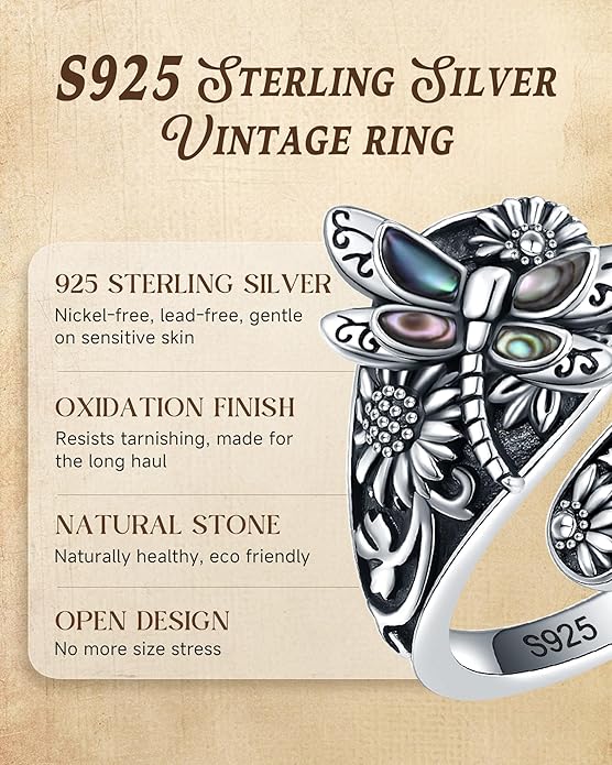 S925-Sterling-Silver Abalone Dragonfly-Turquoise Spoon Ring - Vintage Boho Sunflower Thumb Oxidized Wrap Rings Victorian Style Antique Floral Jewelry Gifts for Women