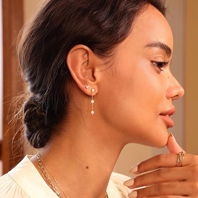 Moodear Dainty Pearl Dangle Earrings for Women - Trendy 14K Gold Plated Pearl Hypoallergenic Drop Earring Wedding Jewelry Gift