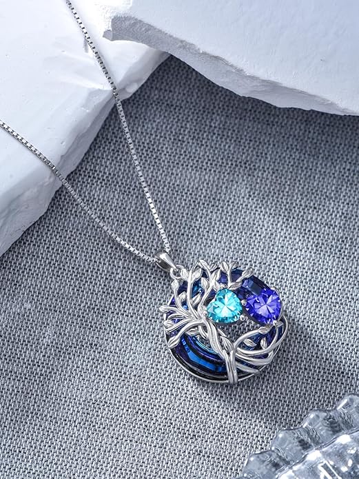 TOUPOP s925 Sterling Silver Family Celtic Tree of Life Pendant Necklaces with 2 Heart Birthstone with Blue Austrian Crystal Jewelry Birthday Anniversary Christmas Gifts for Her Wife Girlfriend Mom (18K Real White Gold Filled)