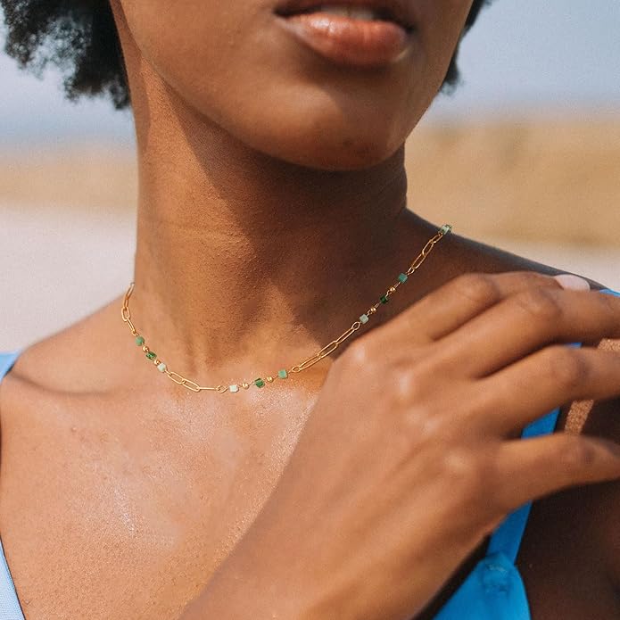 MTMY Beaded Necklaces for Women 14K Gold Plated Dainty Colorful Green/Rose Beaded Pearl Choker Necklace Delicate Boho Choker Necklace Jewelry Gift