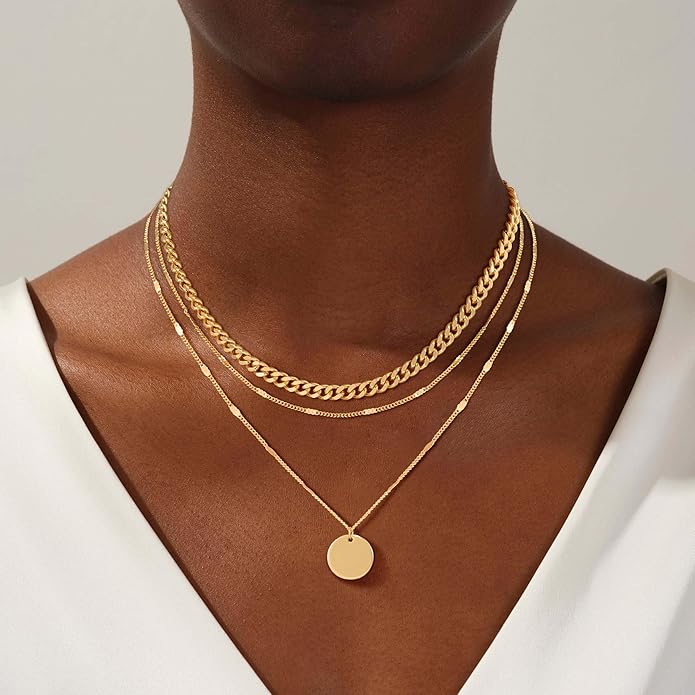 Layered Gold Silver Necklaces for Women, Stackable Stack 14K Real Gold Plated Silver Chain Necklace Diamond Circle CZ Layering Pendant Necklaces Trendy Gold Jewelry Set Gifts