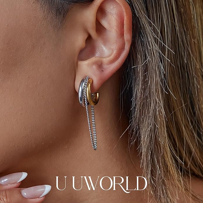 18K Gold Plated Hoop Earrings Gold and Silver Trendy Two Tone Dangling Chain Earrings,Waterproof Stainless Steel Hypoallergenic Earring,Statement Earrings for Daily Wear,Party,Birthday Jewelry Gifts