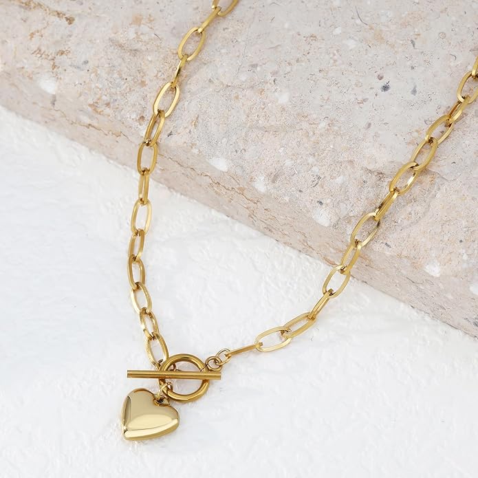 Chunky Gold Necklace for Women, 18K Waterproof Heart Necklace Statement Necklace Gold Charm Necklace Chunky Jewelry Paperclip Chain Choker Gift for Women