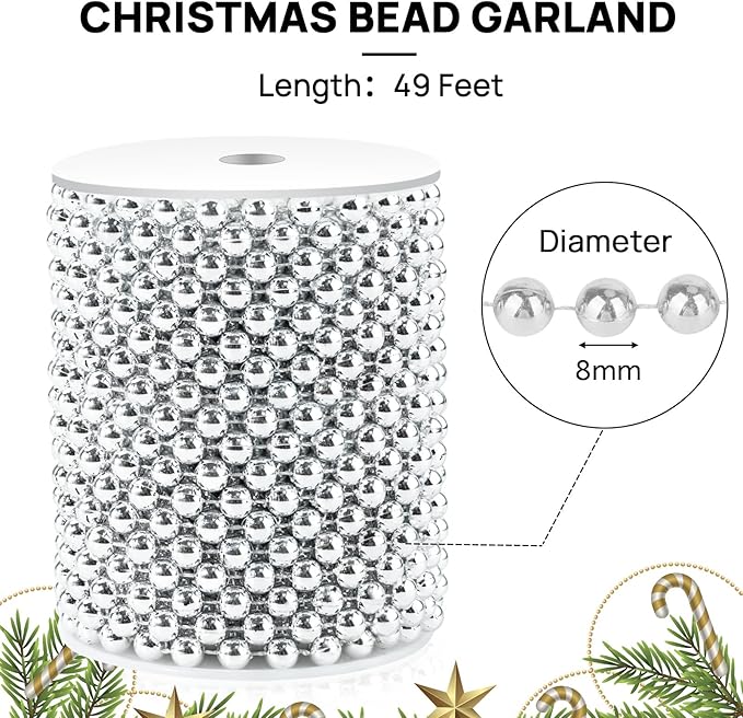 49 Feet Christmas Tree Beads Garland, 8mm Artificial Red Beaded Garland for Christmas Tree DIY, Faux Pearl Strings Bead Roll for Wreath, Wedding Party, Decoration