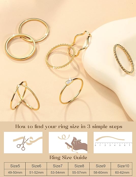 THUNARAZ 8Pcs Stackable Rings for Women Non Tarnish 14K Gold Plated Stainless Steel Dainty Rings Set Minimalist Thin Thumb Ring Cubic Zirconia Wave Statement Ring Bands for Women Size 5-10