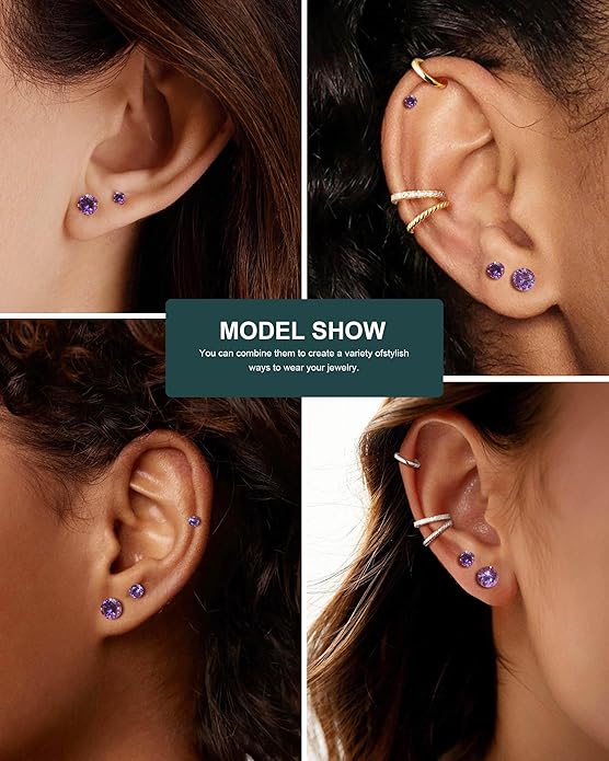 6 Pairs Stud Earrings Set, Hypoallergenic Cubic Zirconia Earrings 316L Stainless Steel CZ Earrings 3-8mm