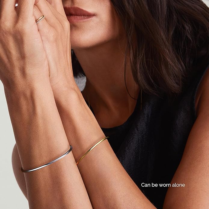 NOKMIT 2PCS 14K Gold Silver Tone Stackable Bangle Bracelets for Women, High Polished Thin Plain Stainless Steel Bangle with Detachable Connector Ring, Non-Tarnish Mixed Metal Jewelry