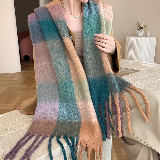 SHOHOKU Large Chunky Plaid Scarf Coloured Checked Oversized Scarf Tassel Soft Fall Winter Thick Warm Shawl Women