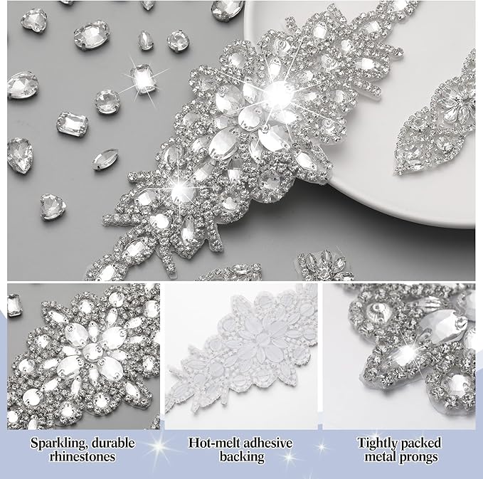 Suncalla 109 Pcs Sew on Crystal Rhinestone with Chain Trim Brooch Pin Mixed Shapes Set for Jewelry Clothe DIY Crafts Tabletop Scattered Crystals Vase Fillers Wedding Decor (Rhinestone Appliques)