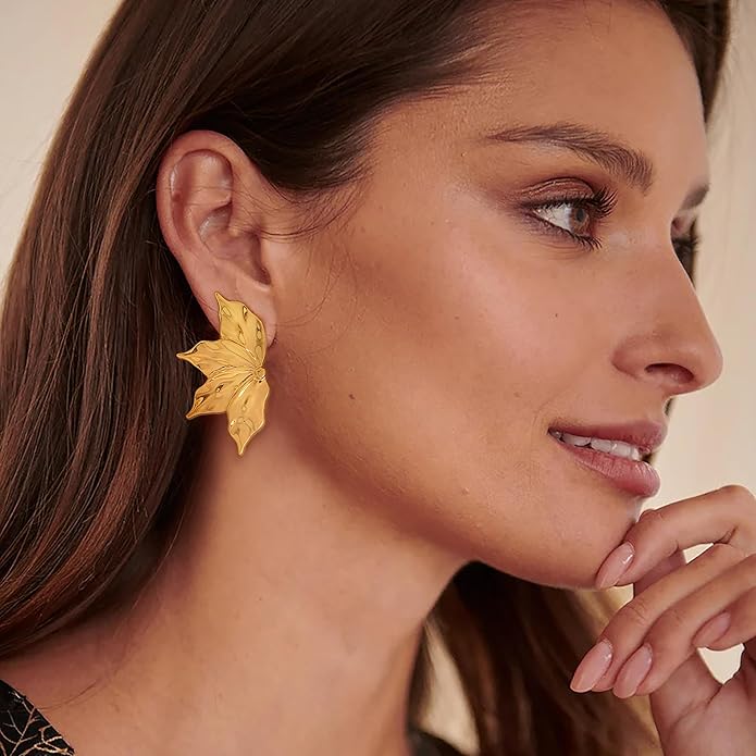 Chunky Gold Statement Earrings For Women Gold Plated Sectored Flower Leaf Shell Angel Wing Earrings Large Stud Earrings Hypoallergenic Earrings