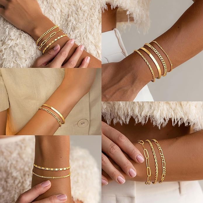 7PCS 14K Gold Plated Bracelets Sets for Women，Dainty Fashion Layered Cuban Link Chain Herringbone Paperclip Chain Bracelets Stack，Trendy Simple Stackable Gold Silver Bracelets Jewelry Gifts