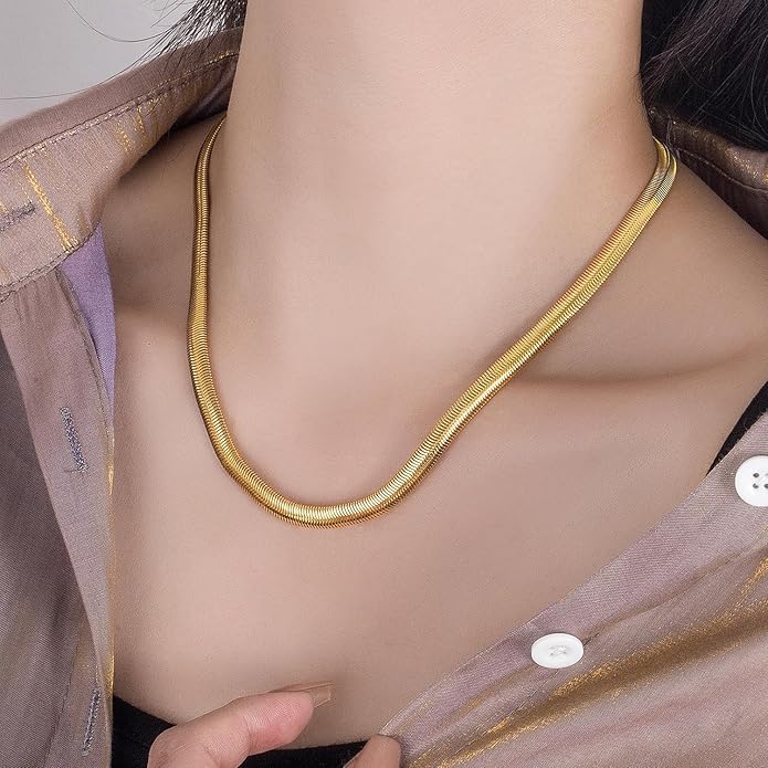 Dankadi Men 925 Sterling Silver Necklace Italian 6MM-8MM Flexible Flat Snake Chain Choker 16-30 Inch 24K Gold plated Fine Jewelry Gifts for Women