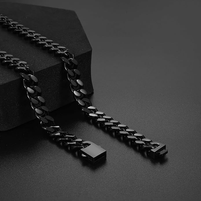 Fiusem Valentines Day Gifts for Him Silver Tone/Black/14K Gold Plated Chain Necklace for Men, 5mm/6mm/7.5mm/8mm/9mm Stainless Steel Cuban Link Chain Necklace, Men's Chains 18-28 Inch Jewelry Gifts
