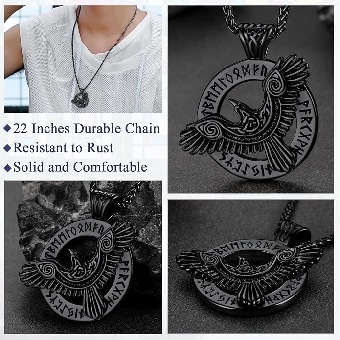 FaithHeart Viking Raven Necklace for Men, Norse Mythology Raven Skull Pendant Sturdy Stainless Steel Amulet Jewelry Gift for Men