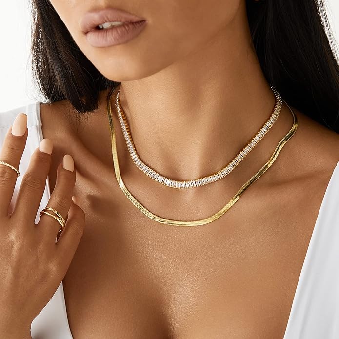 KissYan Diamond Tennis Necklace for Women, 14K/White Gold Plated Cubic Zirconia Baguette Tennis Chain Chunky Paperclip Link Cuban Choker Necklace Dainty Jewelry Gifts