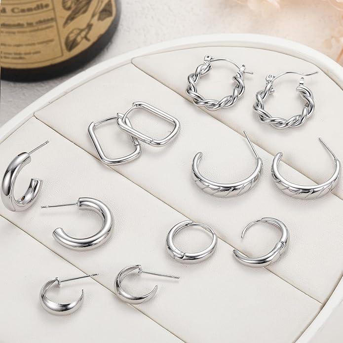 Hoop Earrings Set for Women, 6 Pairs 14K Gold Plated Lightweight Hypoallergenic Chunky Open Twisted Hoops Earrings Pack Jewelry
