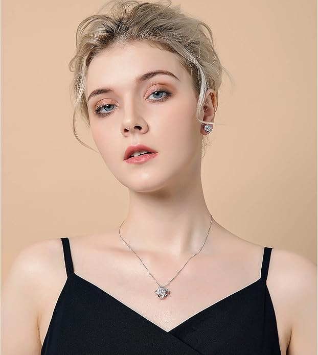 AMYJANE Bridal Jewelry Set for Women - Crystal Cubic Zirconia Love Knot Necklace Stud Earrings Elegant CZ Jewelry Set for Wedding Bride Bridesmaids Gift Set