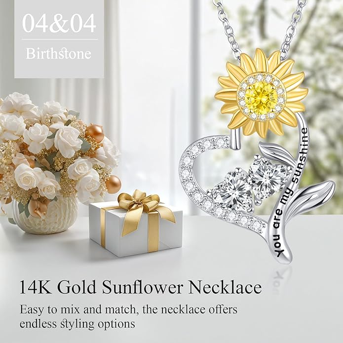 PERJI Valentine's Day Gifts for Women - 925 Sterling Silver Double Birthstone Sunflower Necklace, Anniversary Birthday Jewelry You are My Sunshine Gifts for Wife Couple Girlfriend 18"+2" Non Tarnish