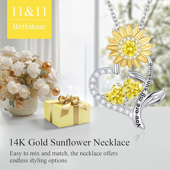 PERJI Valentine's Day Gifts for Women - 925 Sterling Silver Double Birthstone Sunflower Necklace, Anniversary Birthday Jewelry You are My Sunshine Gifts for Wife Couple Girlfriend 18"+2" Non Tarnish