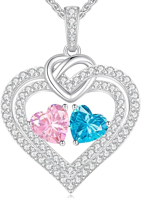 LOUISA SECRET Sparkling Double Heart Birthstone Necklaces for Women, 925 Sterling Silver Fine Jewelry, Pendant Heart Necklaces Birthday Anniversary Christmas Gift for Women Wife Mom Girlfriend Lady