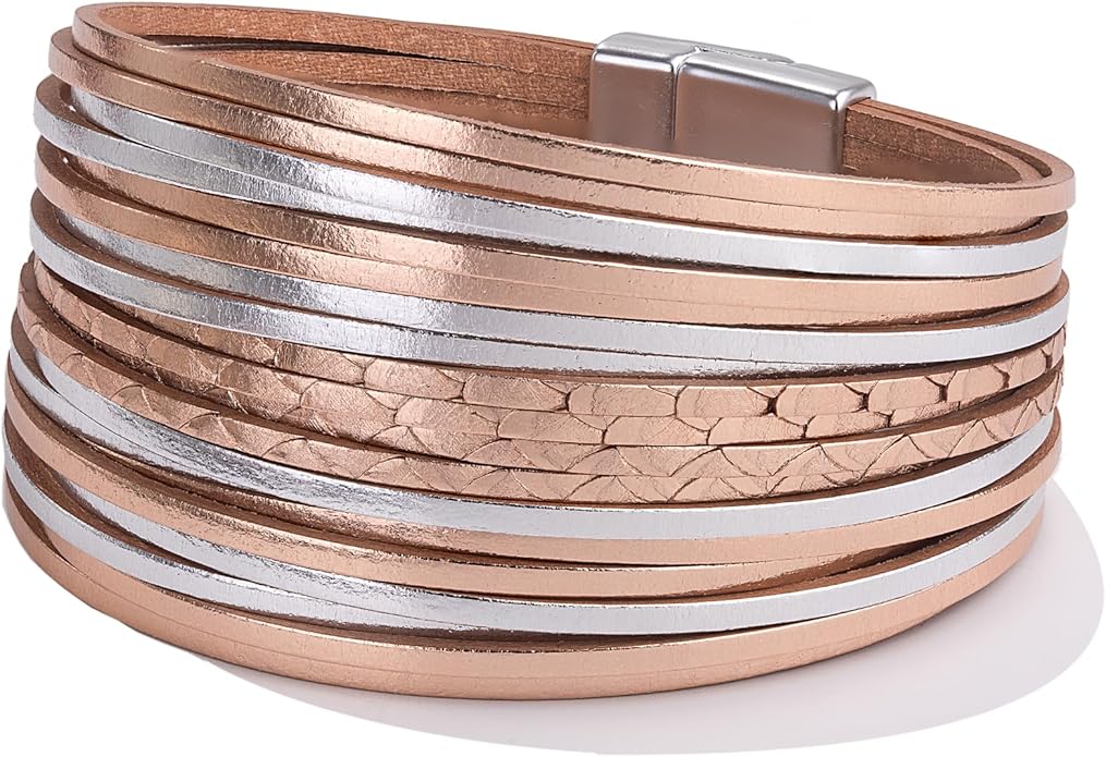 FANCY SHINY Boho Leather Wrap Bracelet Stackable Layered Bangle Cuff with Magnetic Clasp