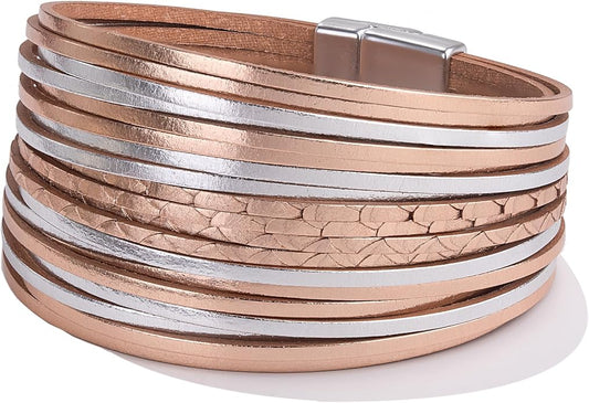 FANCY SHINY Boho Leather Wrap Bracelet Stackable Layered Bangle Cuff with Magnetic Clasp